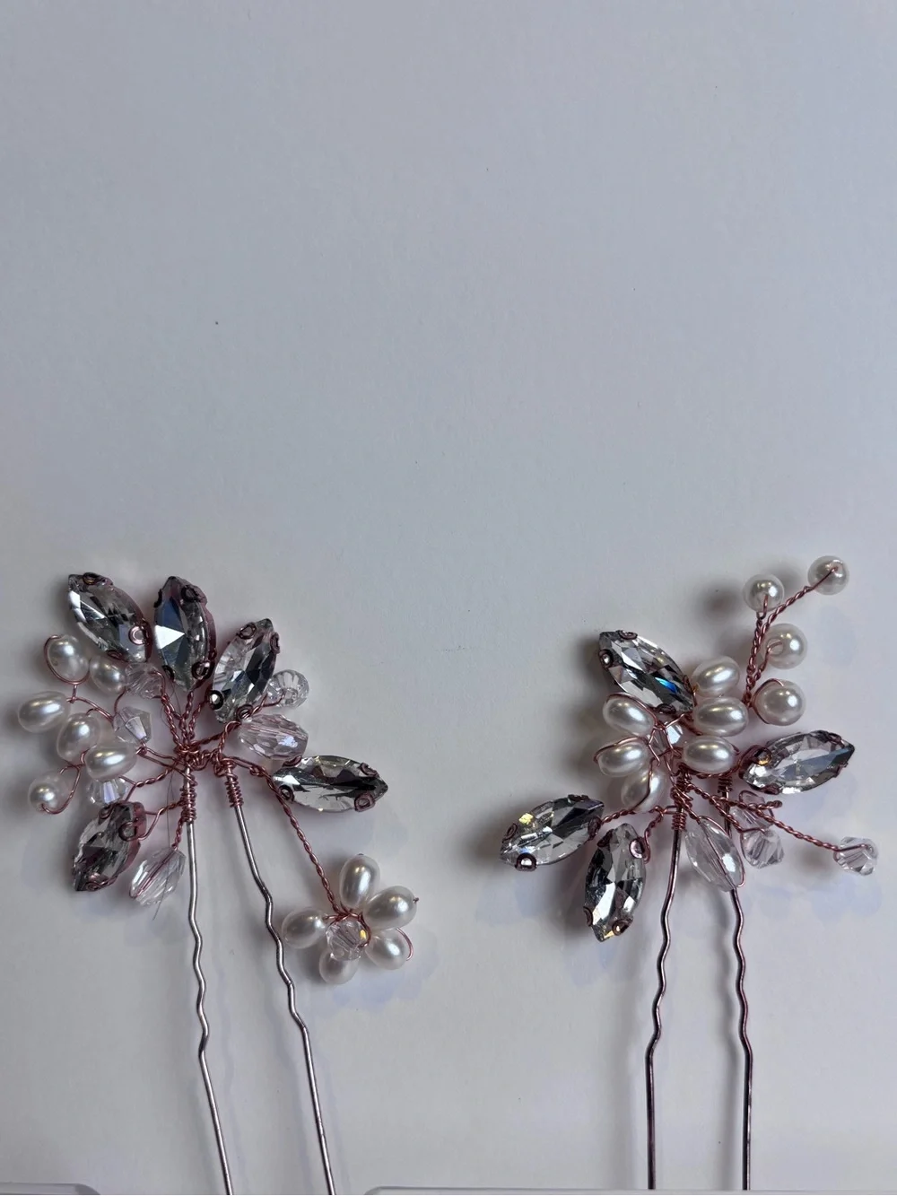 Set of 2 Bridal Hair Pins Pearl & Rhinestone Rose Gold Crystal Wedding